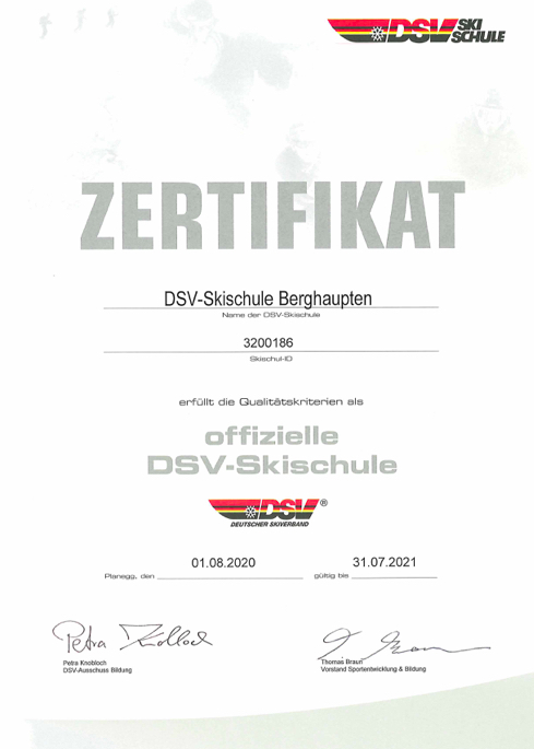 Zertifikat offizielle DSV Skischule